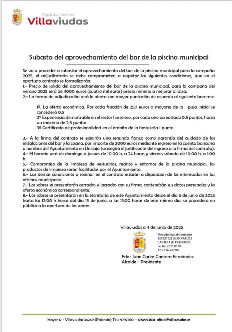 Subasta del aprovechamiento del bar de la piscina municipal