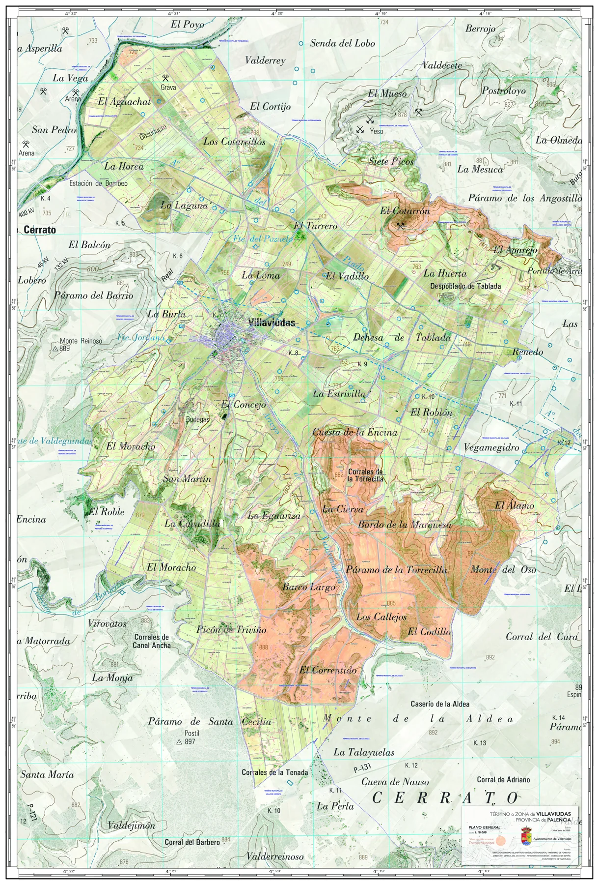 Plano oficial del término y zona de Villaviudas con sus topónimos tradicionales, cotas y caminos